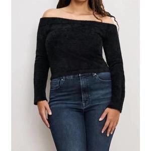 NEW GOOD AMERICAN plush off shoulder long sleeve sweater in black